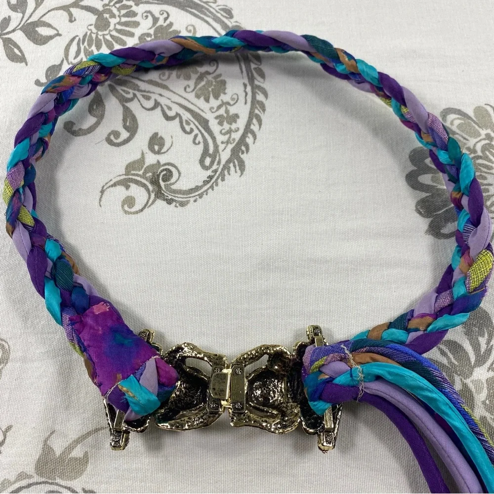 Vintage Kissing Frogs Boho Hippie Braided Fabric &‎ Cord Waist Accent Belt
